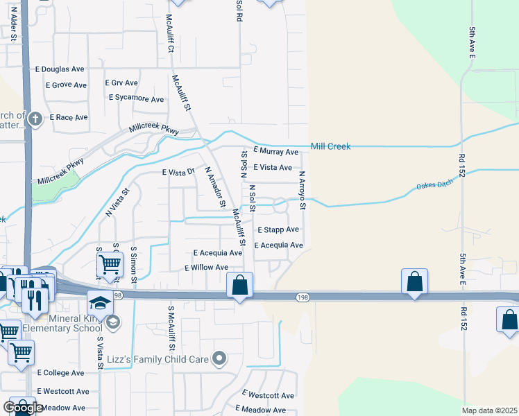 map of restaurants, bars, coffee shops, grocery stores, and more near 4140 East Center Court in Visalia