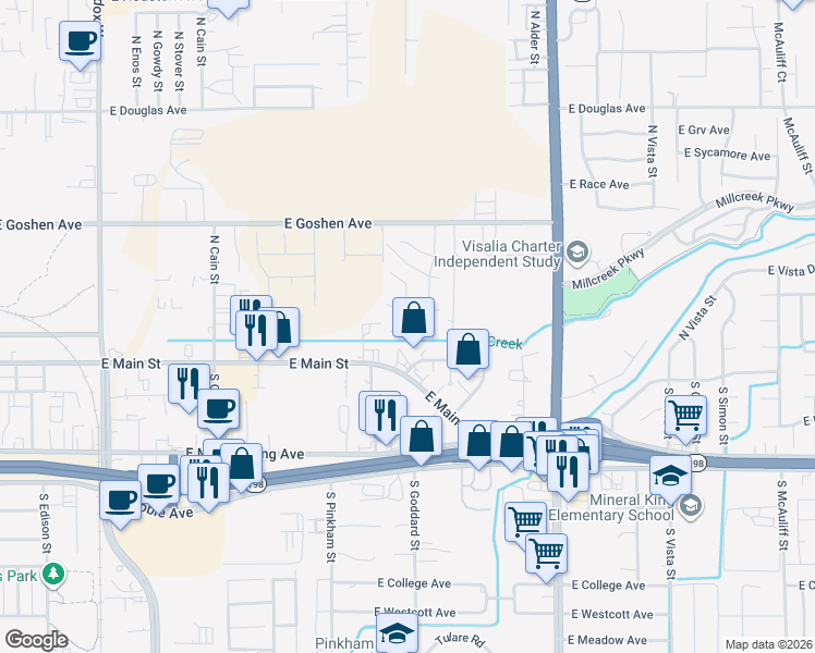 map of restaurants, bars, coffee shops, grocery stores, and more near 2400 East Center Court in Visalia
