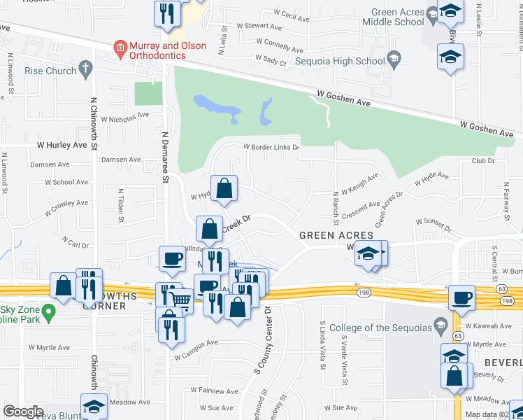 map of restaurants, bars, coffee shops, grocery stores, and more near 3138 West Mill Creek Drive in Visalia