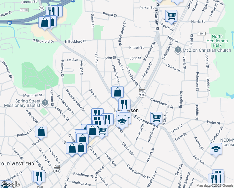 map of restaurants, bars, coffee shops, grocery stores, and more near 544 North Chestnut Street in Henderson