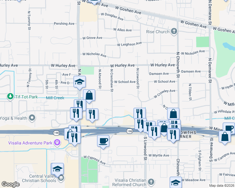 map of restaurants, bars, coffee shops, grocery stores, and more near 208 North Crenshaw Street in Visalia