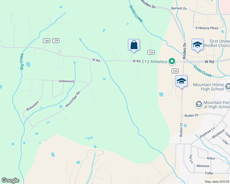 map of restaurants, bars, coffee shops, grocery stores, and more near 190 Westridge Road in Mountain Home