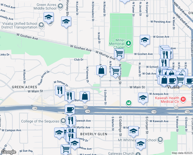 map of restaurants, bars, coffee shops, grocery stores, and more near 205 North Hall Street in Visalia