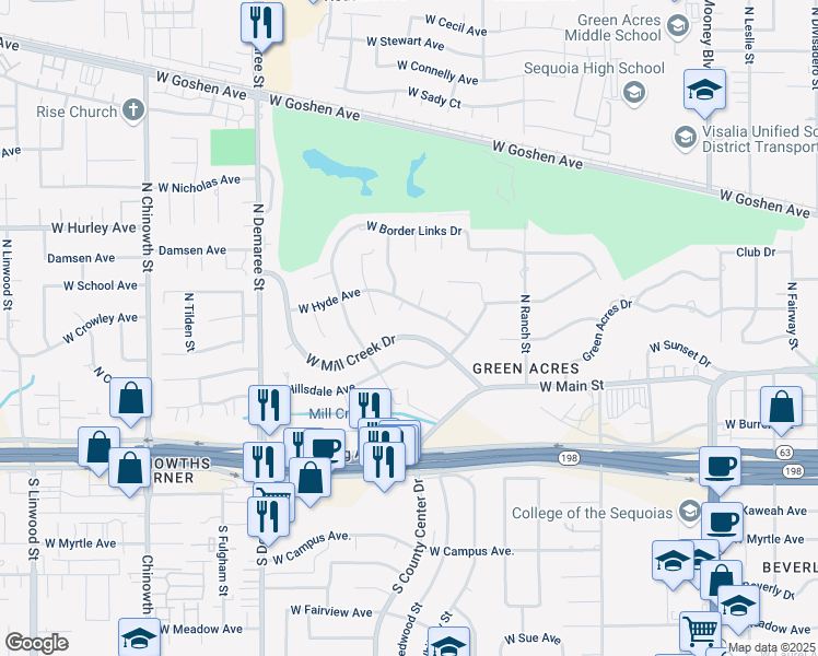 map of restaurants, bars, coffee shops, grocery stores, and more near 3138 West Mill Creek Drive in Visalia