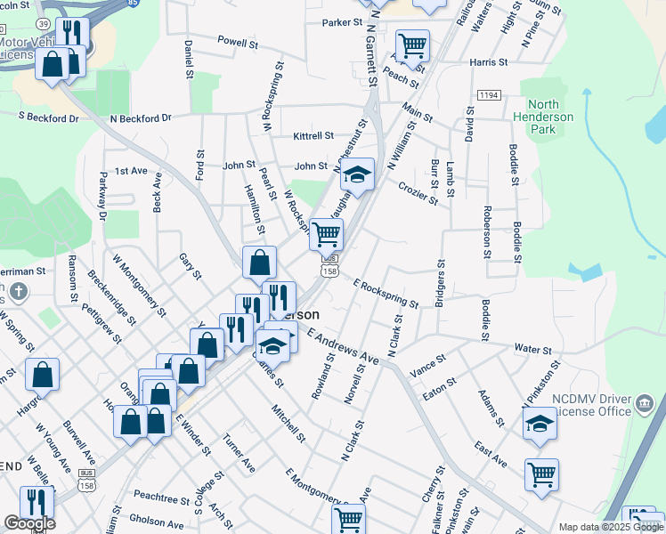map of restaurants, bars, coffee shops, grocery stores, and more near Rock Spring Street in Henderson