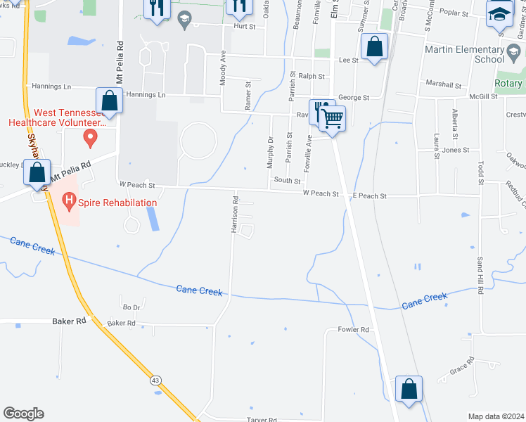 map of restaurants, bars, coffee shops, grocery stores, and more near 110 Harrison Road in Martin