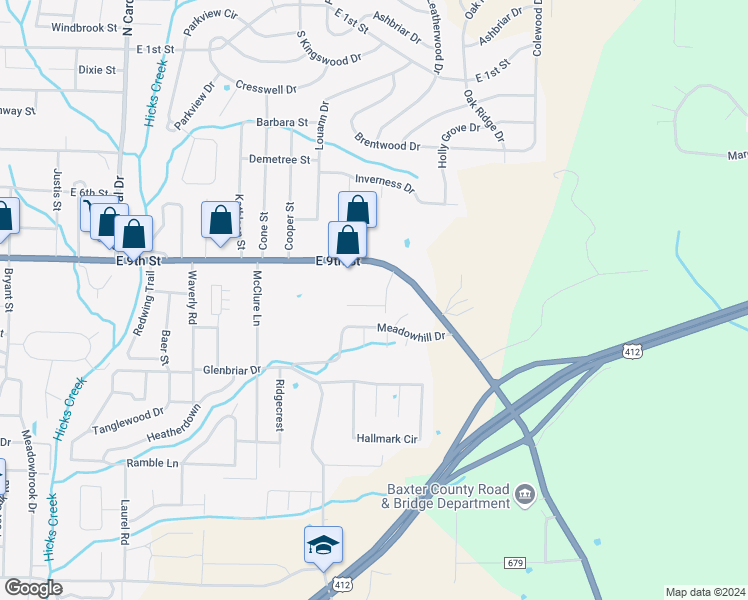 map of restaurants, bars, coffee shops, grocery stores, and more near 1326 East 9th Street in Mountain Home