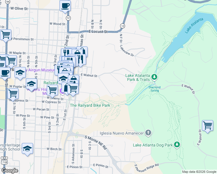 map of restaurants, bars, coffee shops, grocery stores, and more near 515 East Spring Street in Rogers
