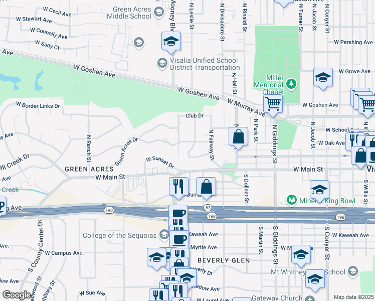 map of restaurants, bars, coffee shops, grocery stores, and more near 1825 West Manor Drive in Visalia