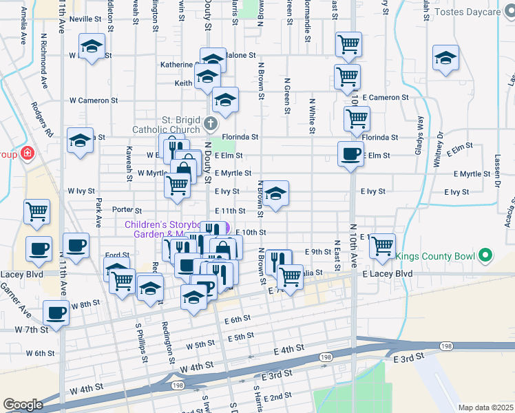 map of restaurants, bars, coffee shops, grocery stores, and more near 230 East 11th Street in Hanford