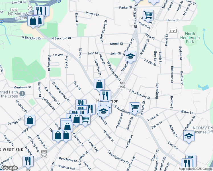 map of restaurants, bars, coffee shops, grocery stores, and more near 204 Hamilton Street in Henderson