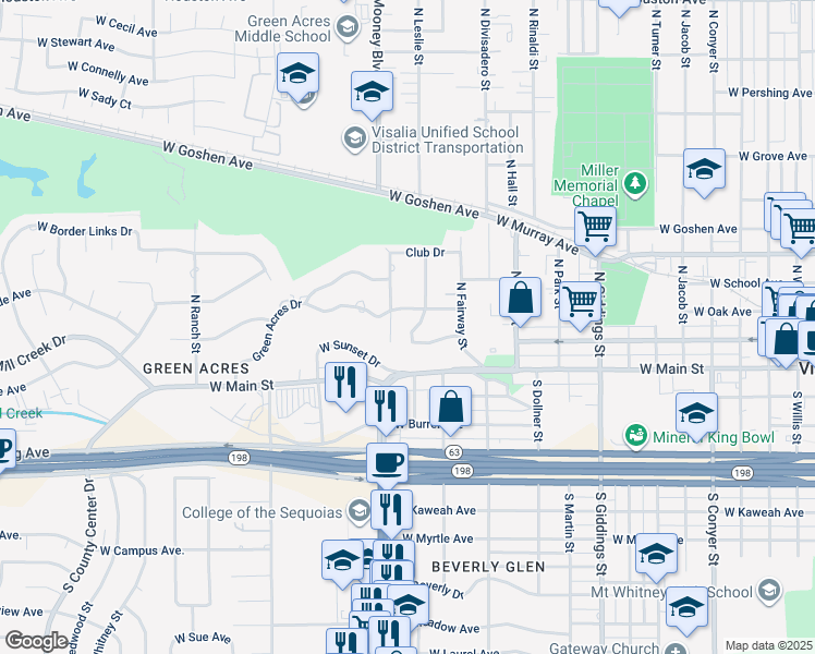 map of restaurants, bars, coffee shops, grocery stores, and more near 1825 West Manor Drive in Visalia
