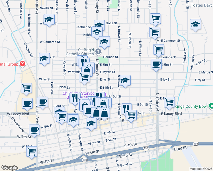 map of restaurants, bars, coffee shops, grocery stores, and more near 130 East 11th Street in Hanford
