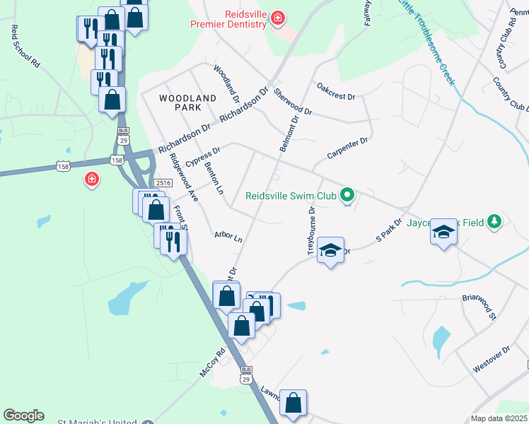 map of restaurants, bars, coffee shops, grocery stores, and more near 2127 Belmont Drive in Reidsville