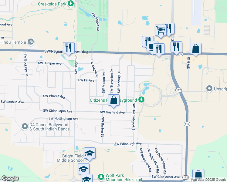 map of restaurants, bars, coffee shops, grocery stores, and more near 4100 Southwest Banbury Drive in Bentonville