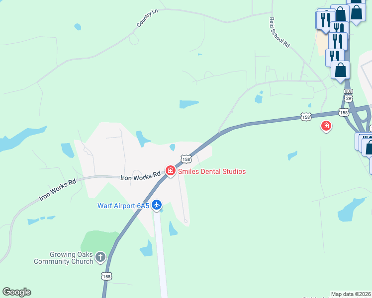 map of restaurants, bars, coffee shops, grocery stores, and more near 7543 U.S. 158 in Reidsville
