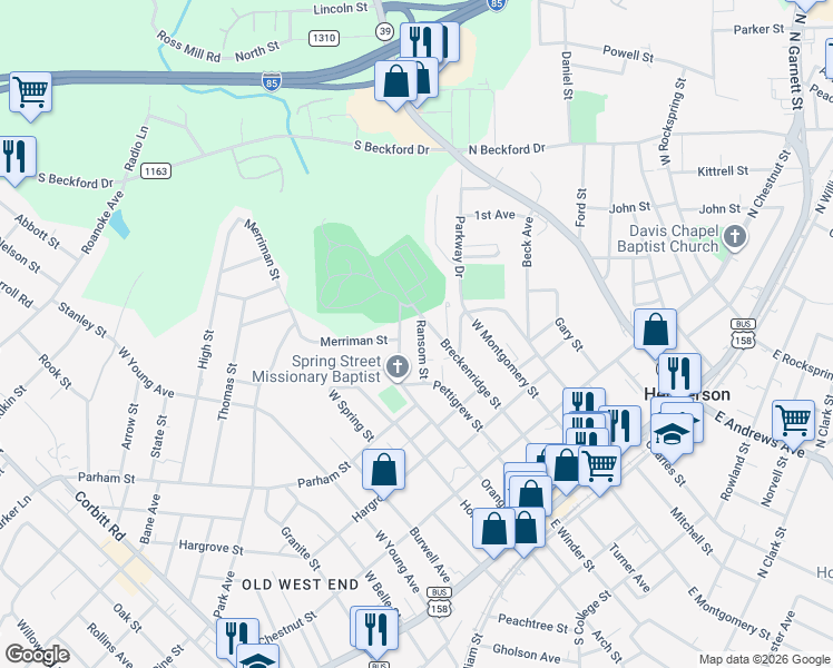 map of restaurants, bars, coffee shops, grocery stores, and more near 621 Ransom Street in Henderson