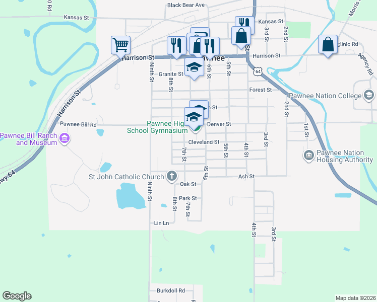 map of restaurants, bars, coffee shops, grocery stores, and more near 624 Boulder Street in Pawnee