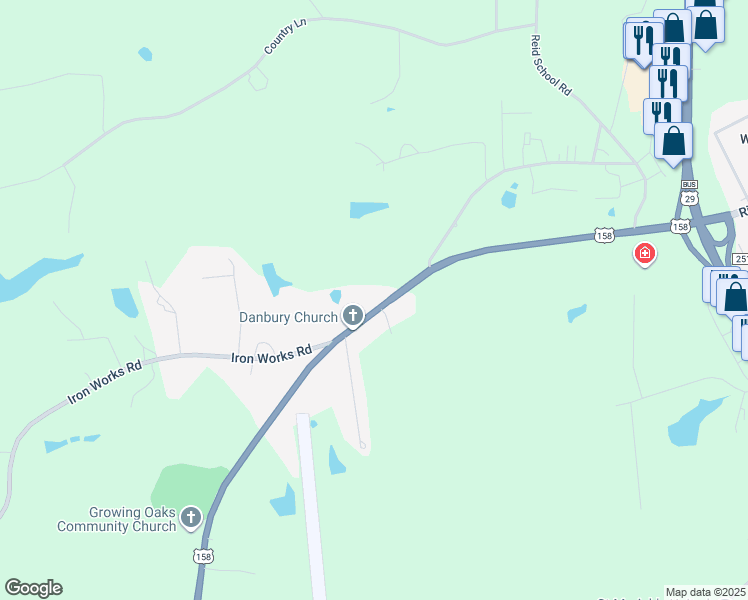 map of restaurants, bars, coffee shops, grocery stores, and more near 7543 U.S. 158 in Reidsville