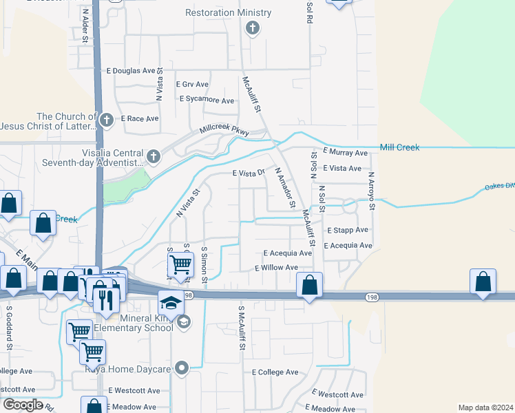 map of restaurants, bars, coffee shops, grocery stores, and more near 234 North Sumter Street in Visalia