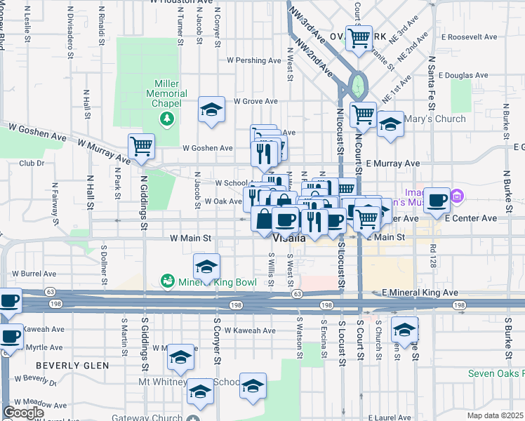 map of restaurants, bars, coffee shops, grocery stores, and more near 600 West Center Avenue in Visalia