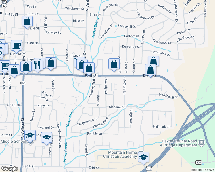 map of restaurants, bars, coffee shops, grocery stores, and more near 909 Waverly Road in Mountain Home