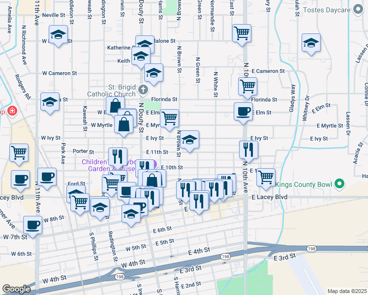 map of restaurants, bars, coffee shops, grocery stores, and more near 230 East 11th Street in Hanford