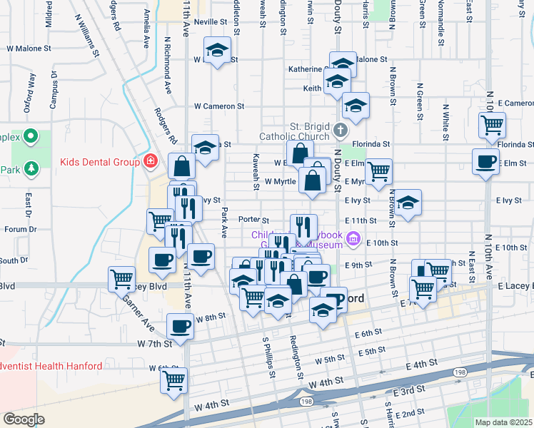 map of restaurants, bars, coffee shops, grocery stores, and more near 601 Kaweah Street in Hanford