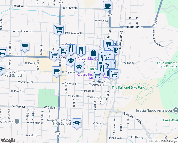 map of restaurants, bars, coffee shops, grocery stores, and more near 220 South 4th Street in Rogers