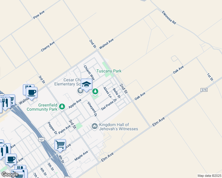 map of restaurants, bars, coffee shops, grocery stores, and more near 215 Beech Avenue in Greenfield