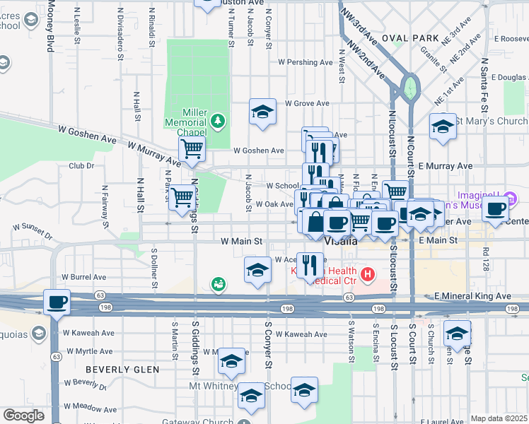 map of restaurants, bars, coffee shops, grocery stores, and more near 215 North Conyer Street in Visalia