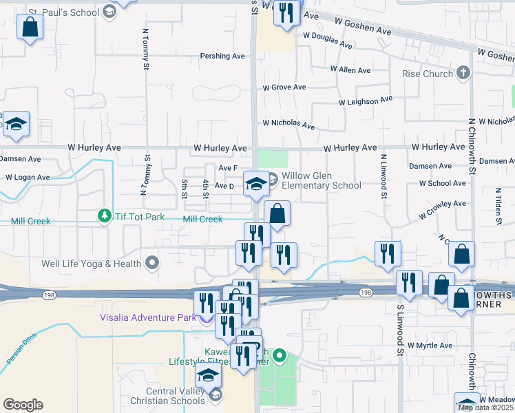 map of restaurants, bars, coffee shops, grocery stores, and more near 310 North Akers Street in Visalia