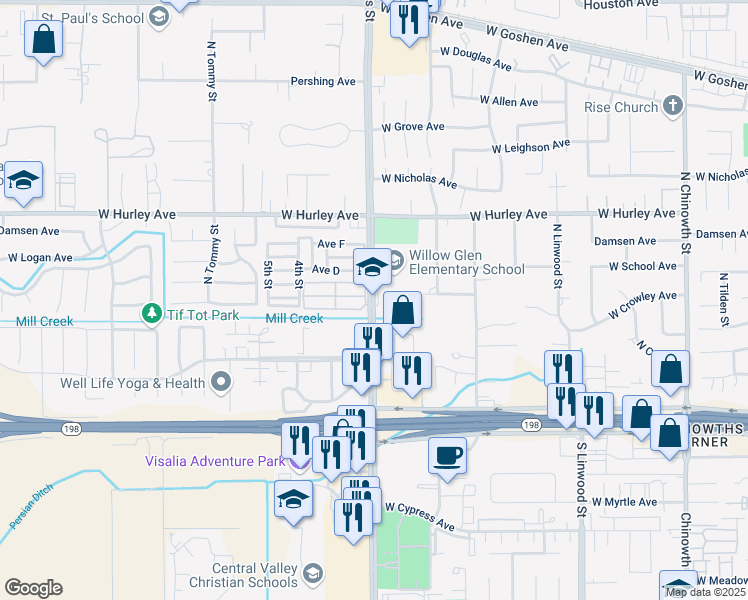 map of restaurants, bars, coffee shops, grocery stores, and more near 310 North Akers Street in Visalia