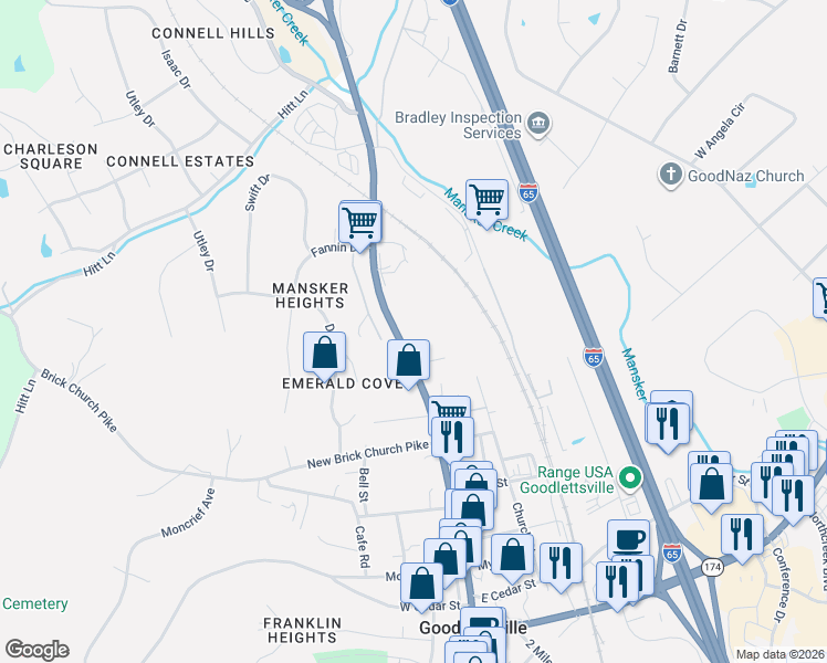 map of restaurants, bars, coffee shops, grocery stores, and more near 619 North Main Street in Goodlettsville