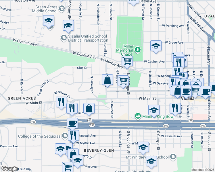 map of restaurants, bars, coffee shops, grocery stores, and more near 1435 West Oak Avenue in Visalia
