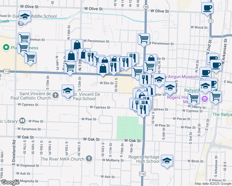 map of restaurants, bars, coffee shops, grocery stores, and more near West Poplar Street in Rogers