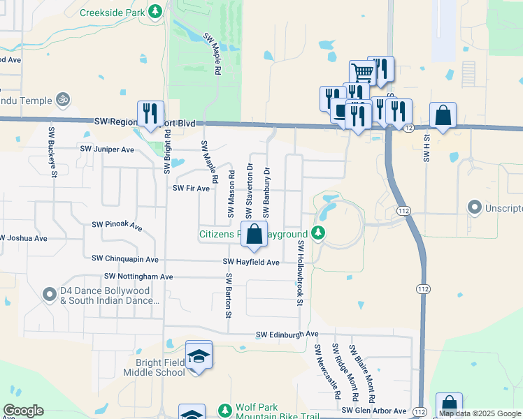map of restaurants, bars, coffee shops, grocery stores, and more near 4100 Southwest Banbury Drive in Bentonville