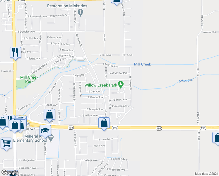 map of restaurants, bars, coffee shops, grocery stores, and more near 305 North Sol Street in Visalia