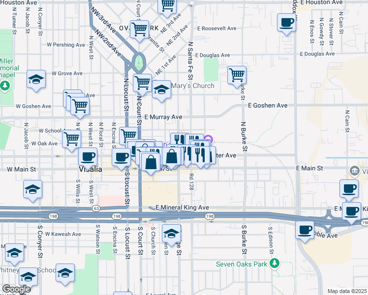 map of restaurants, bars, coffee shops, grocery stores, and more near 425 East Oak Avenue in Visalia
