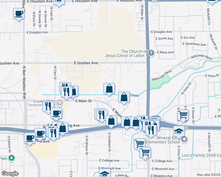 map of restaurants, bars, coffee shops, grocery stores, and more near 2419 East Oak Avenue in Visalia