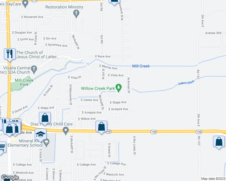 map of restaurants, bars, coffee shops, grocery stores, and more near 4213 East Villoy Avenue in Visalia