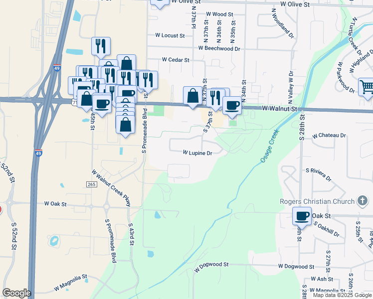 map of restaurants, bars, coffee shops, grocery stores, and more near 3801 West Lupine Drive in Rogers