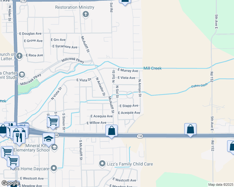 map of restaurants, bars, coffee shops, grocery stores, and more near 307 North Sol Street in Visalia