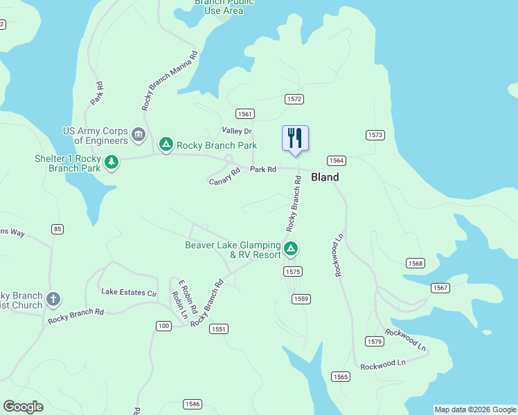 map of restaurants, bars, coffee shops, grocery stores, and more near 20488 Rocky Branch Road in Rogers
