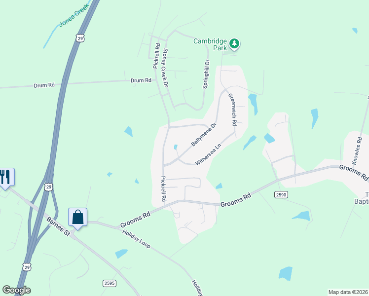 map of restaurants, bars, coffee shops, grocery stores, and more near 1616 Ballymena Drive in Reidsville