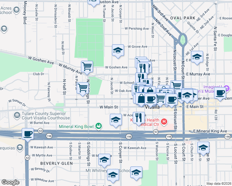 map of restaurants, bars, coffee shops, grocery stores, and more near 915 West Oak Avenue in Visalia