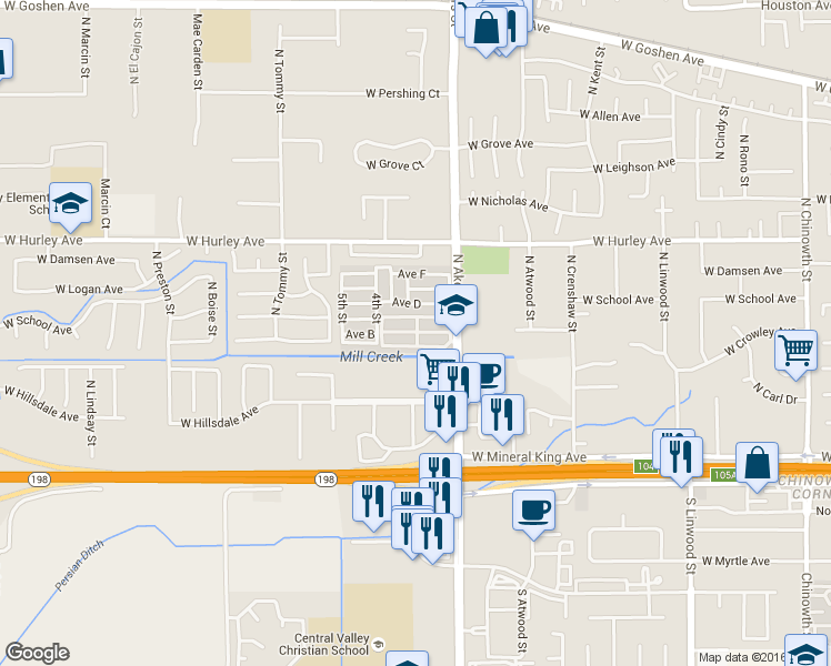 map of restaurants, bars, coffee shops, grocery stores, and more near 225 North Akers Street in Visalia