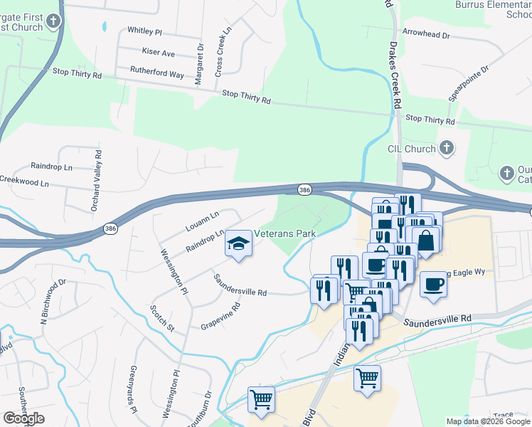 map of restaurants, bars, coffee shops, grocery stores, and more near 142 Raindrop Lane in Hendersonville