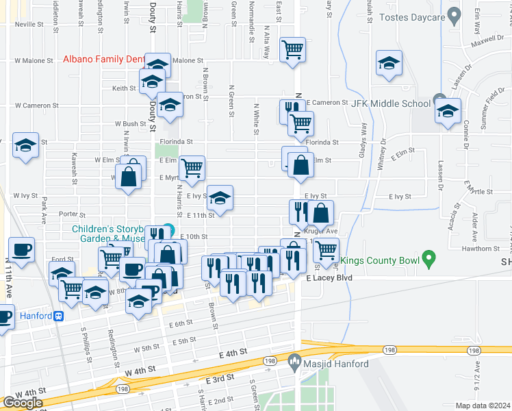 map of restaurants, bars, coffee shops, grocery stores, and more near 654 North White Street in Hanford