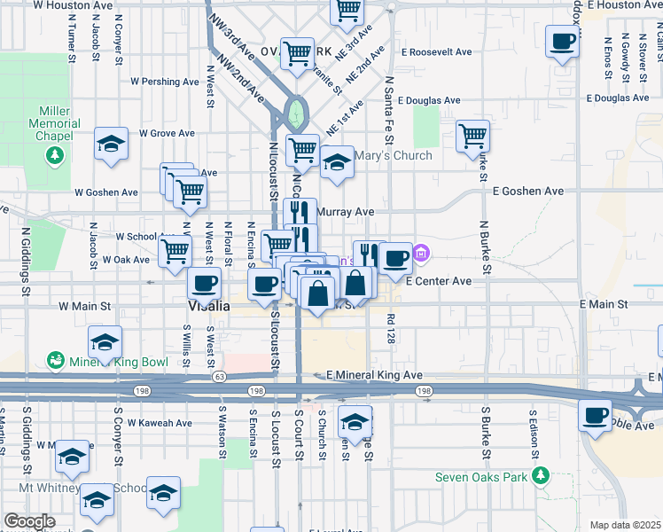 map of restaurants, bars, coffee shops, grocery stores, and more near 210 N Church St in Visalia